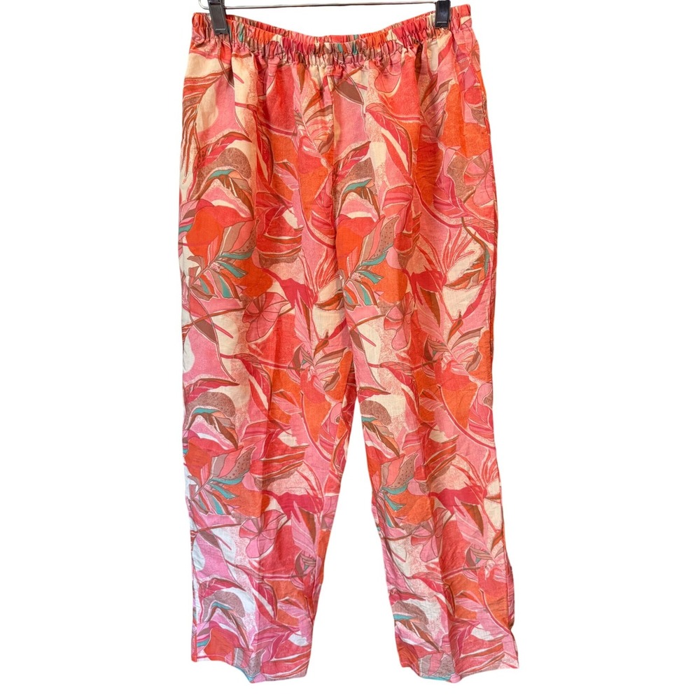Womens XXL Tropical Leaf Print Relaxed Pants Pink Orange Metallic Resort